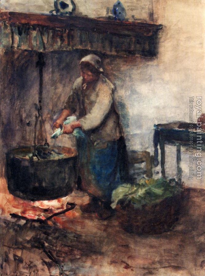 Albert Neuhuys : A cottage Interior With A Peasant Woman Preparing Supper